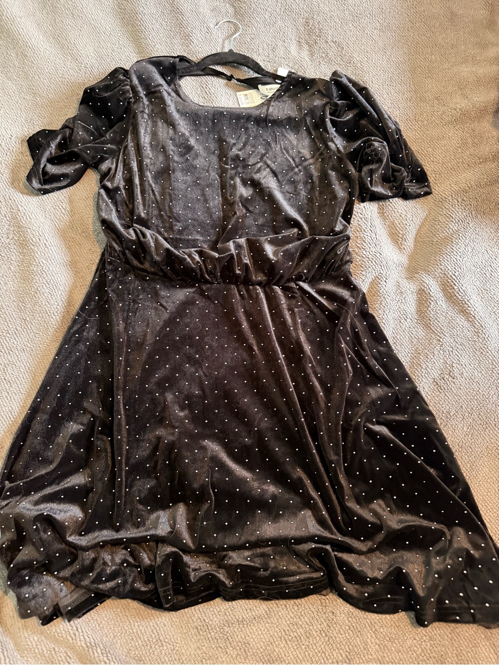 Black Velvet Short Sleeve Dress with Subtle Dot Accent